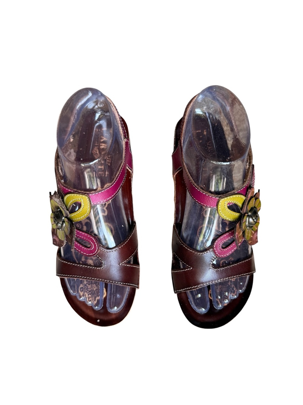 Hand Painted L’Artiste “Pelagia” Floral Slingback Adjustable Wedge Sandals